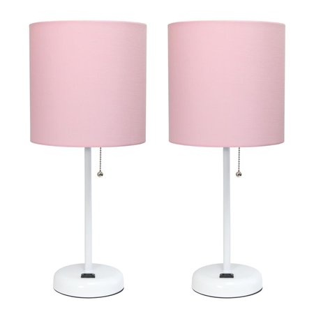 DIAMOND SPARKLE White Stick Table Lamp with Charging Outlet & Fabric Shade, Pink - Set of 2 DI2519784
